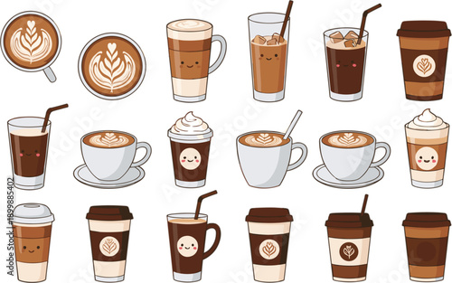 Coffee drinks collection with latte cappuccino espresso and iced beverages in flat vector illustration style isolated
