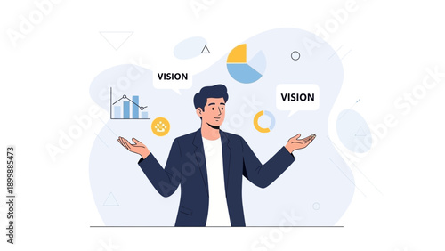 Businessman juggling two visions for future strategy and success