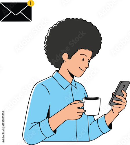 Man checking smartphone message notification while holding coffee cup representing communication, mobile lifestyle and casual daily routine flat vector illustration