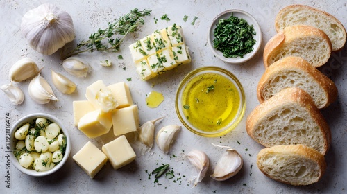 Wallpaper Mural Overhead flat lay of garlic bread ingredients on pale stone surface, raw garlic cloves, butter curls, chopped herbs, baguette slices, olive oil droplets, clean negative space Torontodigital.ca