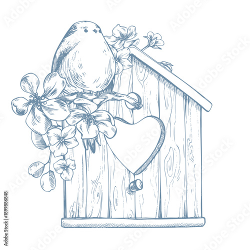 A bird perched on a blossoming apple tree branch, perched on a wooden birdhouse with a heart. A spring graphic illustration featuring a tit and flowers in a line art style for holidays and weddings.
