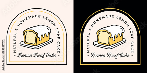 Lemon loaf cake homemade and natural flavor logo label sticker tag packaging design retro vintage aesthetic. White glaze organic cheese frosting cream icing baked dessert black outline drawing print.