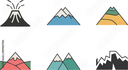 Colorful mountain vector illustration featuring various peaks and landscapes, isolated on a white background. Perfect for travel, adventure, outdoor, nature, and graphic design projects.