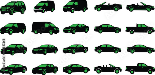 Car and vehicle silhouettes collection featuring sedans, vans, pickup trucks, SUVs, convertibles, modern transportation icons in side view