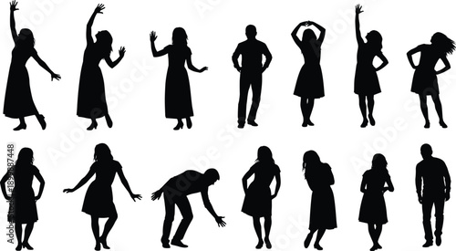 Dancing people silhouette collection showing expressive men and women moving freely, joyful poses, celebration, rhythm, lifestyle, artistic motion concept