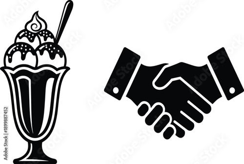 Milkshake dessert and business handshake icon set representing agreement, partnership, deal and refreshment isolated on white background solid vector illustration