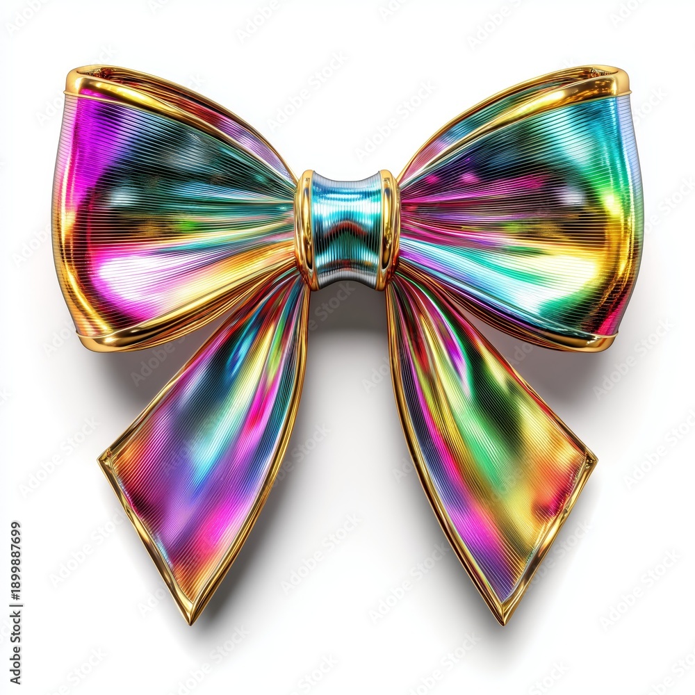 Fototapeta premium A vibrant and shiny rainbow ribbon bow featuring iridescent and holographic textures, isolated on a white background. Generative AI.