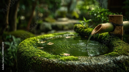 A tranquil Japanese garden showcases a moss-covered stone water basin. During daytime, fresh water pours into the basin from a bamboo spout, creating ripples on the surface