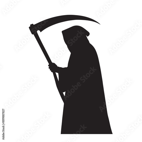 Silhouette of the grim reaper holding a large scythe against a plain white background.