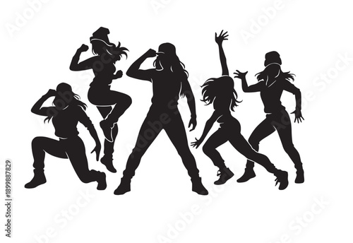 Black silhouettes of five female dancers performing dynamic moves against a white backdrop