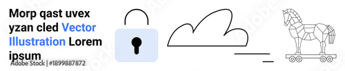 Data security, malware, cloud storage, information safety, digital threats, network protection. Lock, cloud Trojan horse graphic design. Data security and malware concepts