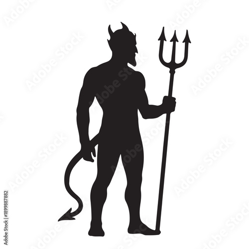 Black silhouette of a muscular devil holding a pitchfork with horns and a pointed tail