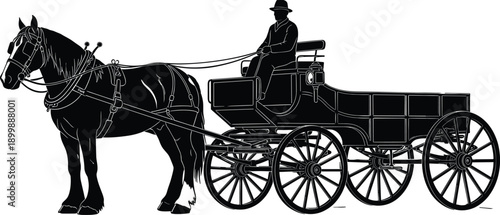 Black silhouette illustration of horse drawn carriage with driver, vintage transportation wagon isolated on white background, classic rural transport artwork
