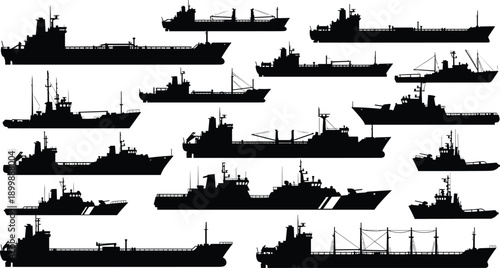 Cargo and naval ship silhouettes collection featuring various vessel types, black vector maritime illustration set isolated on white background
