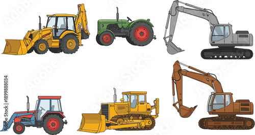 Construction and agricultural machinery set including tractor excavator bulldozer and backhoe loader, detailed vector illustration isolated on white background