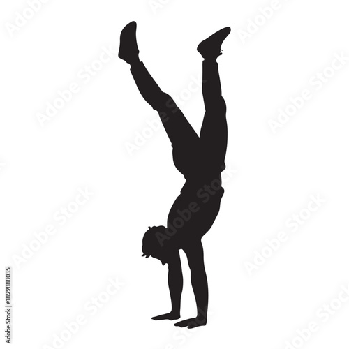 Silhouette of a man performing a handstand with legs split against a white background.