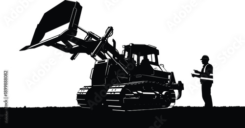 Construction bulldozer silhouette with raised bucket and worker inspection, black vector industrial scene isolated on white background heavy machinery equipment