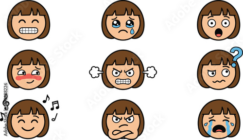Cute girl emoji facial expression set showing happiness sadness anger confusion surprise crying emotions cartoon avatar icons illustration