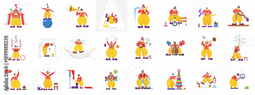 A comprehensive set of funny circus clown characters performing various entertaining acts, tricks, and humorous slapstick gags.