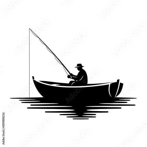 Silhouette of a fisherman in a boat on a white background fishing peacefully