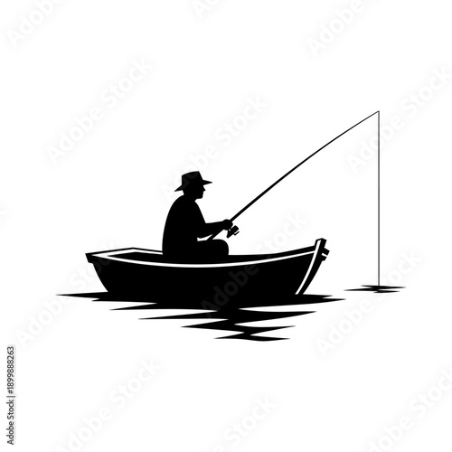 Silhouette of a lone fisherman casting a line from a small boat on the water