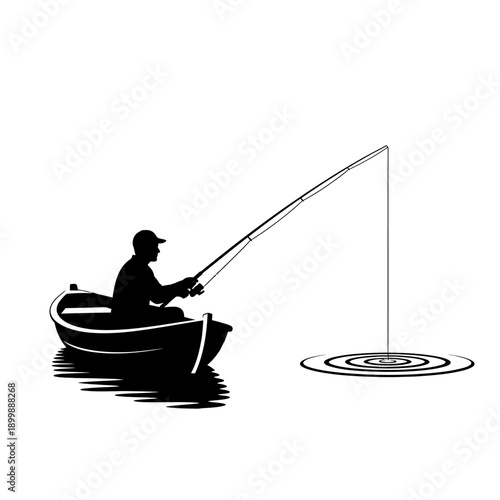 Silhouette of a lone fisherman casting his line from a small boat on calm water creating ripples