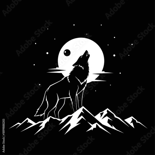 Silhouette of a lone wolf howling at the moon on a starry night over snowy mountains