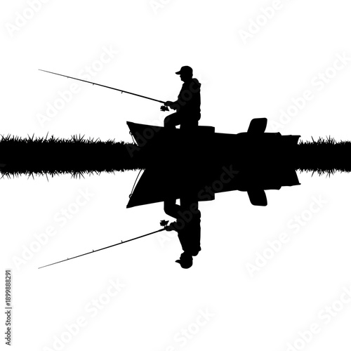 Silhouette of a lone fisherman in a boat casting his line with perfect reflection on water