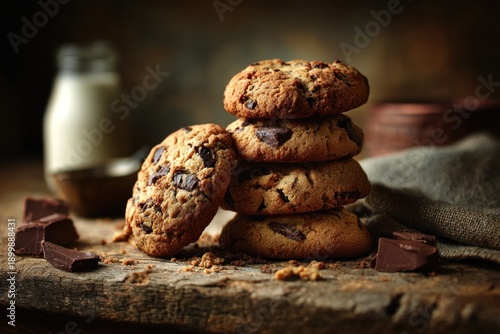 Five delicious chocolate chip cookies are arranged on an old wooden plank. Four cookies are stacked neatly, while one leans beside them