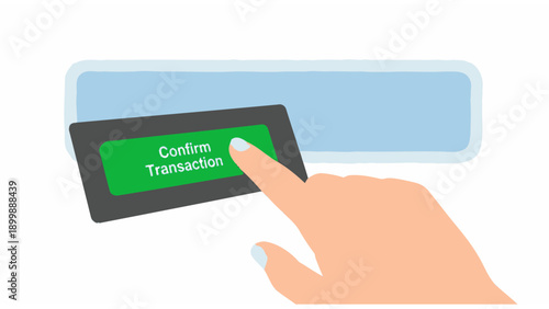 Finger Pushing Green 'Confirm Transaction' Button. Digital Payment, E-commerce Checkout, and Online Banking Approval.