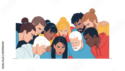 Diverse Team Focus Huddle. Group of Multiracial Men and Women Looking Down Intently, Concentrating on a Shared Goal. Modern Flat Vector Illustration.