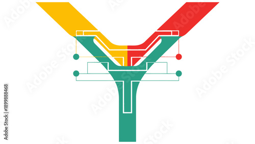 Abstract Data Funneling and Integration Pipeline. Colorful Flow Chart Diagram representing Business Process, System Merging, or Complex Decision Making.
