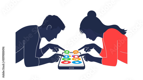 Couple Sharing Mobile Apps and Online Services on Smartphone Screen. Joint Digital Interaction Vector Illustration.