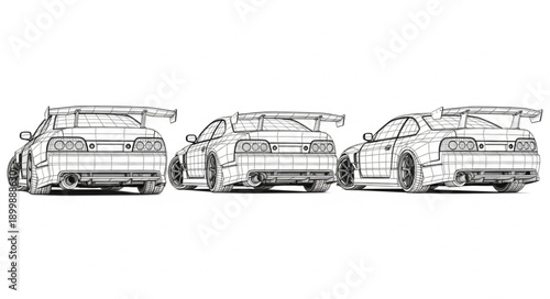 Three Sports Cars with Large Wings in Sketch Style.