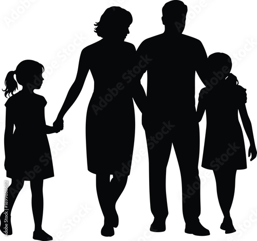 Family silhouette walking together with parents and two children, love, unity, bonding, parenting, togetherness, happy family lifestyle concept
