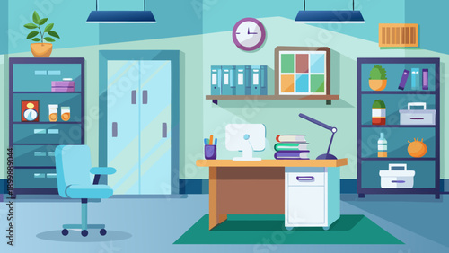 A vibrant and well-organized modern medical clinic interior with friendly staff isolated on white background, Vector