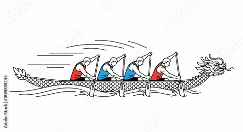 Illustration of four rowers in a dragon boat with a white background and motion lines conveying speed.