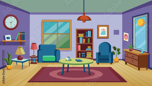 Cozy cartoon living room with a stylish purple-themed interior and animated characters. isolated on white background, Vector