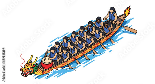 Illustration of a dragon boat team paddling in unison with a vibrant dragon head in calm waters.