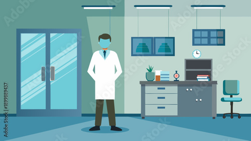 Medical professional standing in a modern hospital examination room with equipment. isolated on white background, Vector