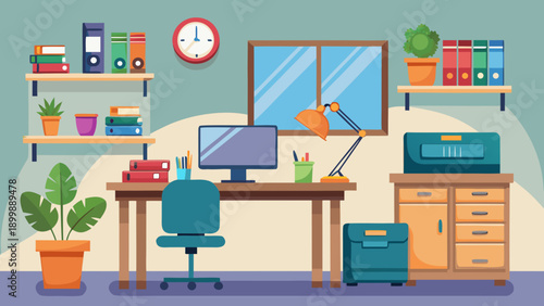 A vibrant and organized home office workspace filled with modern amenities. isolated on white background, Vector