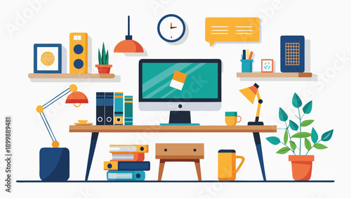 Cozy home office setup with modern furniture and decor isolated on white background, Vector