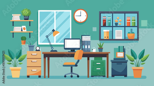 A modern home office setup with plants and organized workspace essentials. isolated on white background, Vector