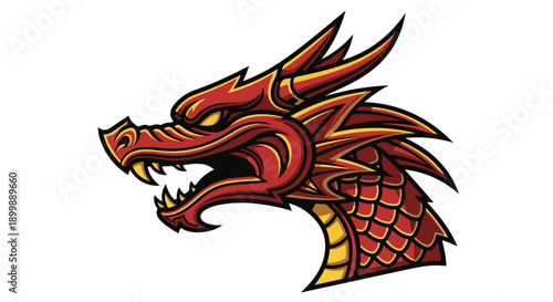Illustration of a red dragon head with yellow and orange details on a white background, showcasing a mythical creature in a graphic design style.