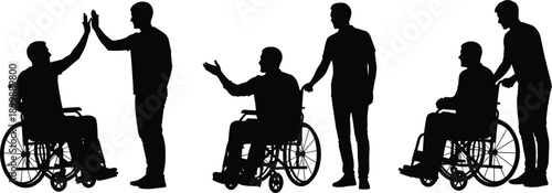 Wheelchair assistance silhouettes showing support, friendship, teamwork, inclusion, disability care, helping hands, rehabilitation, social interaction, and human compassion concept