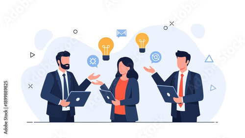 Diverse business team collaborating on innovative ideas with laptops and lightbulbs