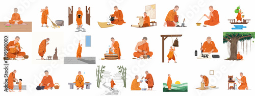 Buddhist monk daily life and spiritual practice vector illustration set, showing meditation, temple chores, alms, study, and simple living.