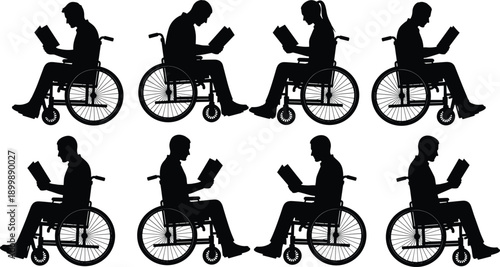 Wheelchair reading silhouettes showing disabled men and women studying books, education access, inclusion, knowledge, learning, and independence concept