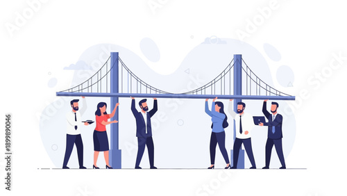 Teamwork building a bridge, business collaboration, connection, support, success concept