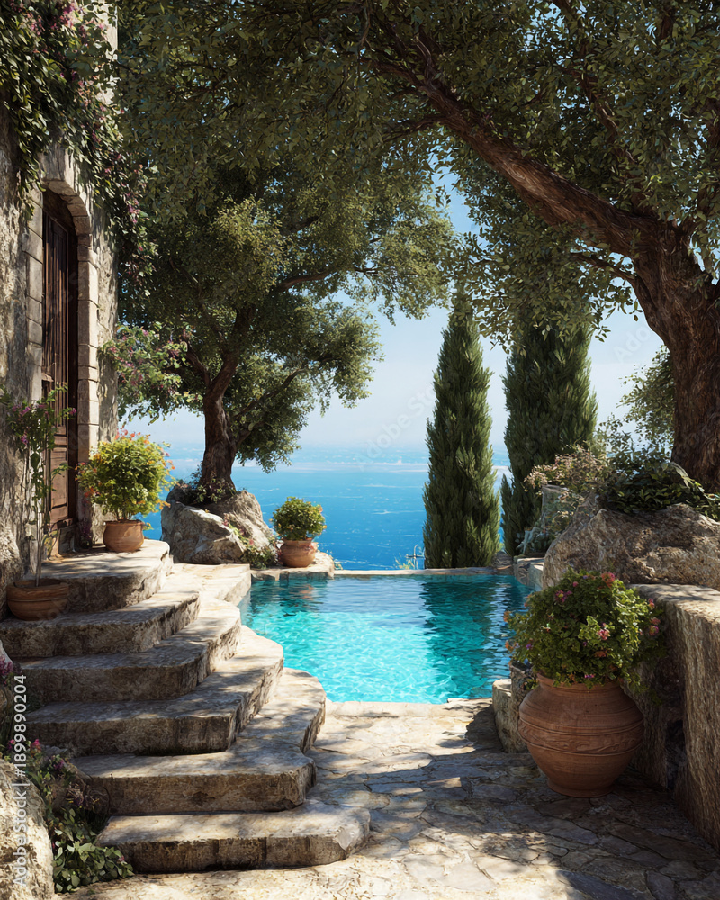 Fototapeta premium Mediterranean villa terrace with pool and sea view, lush garden